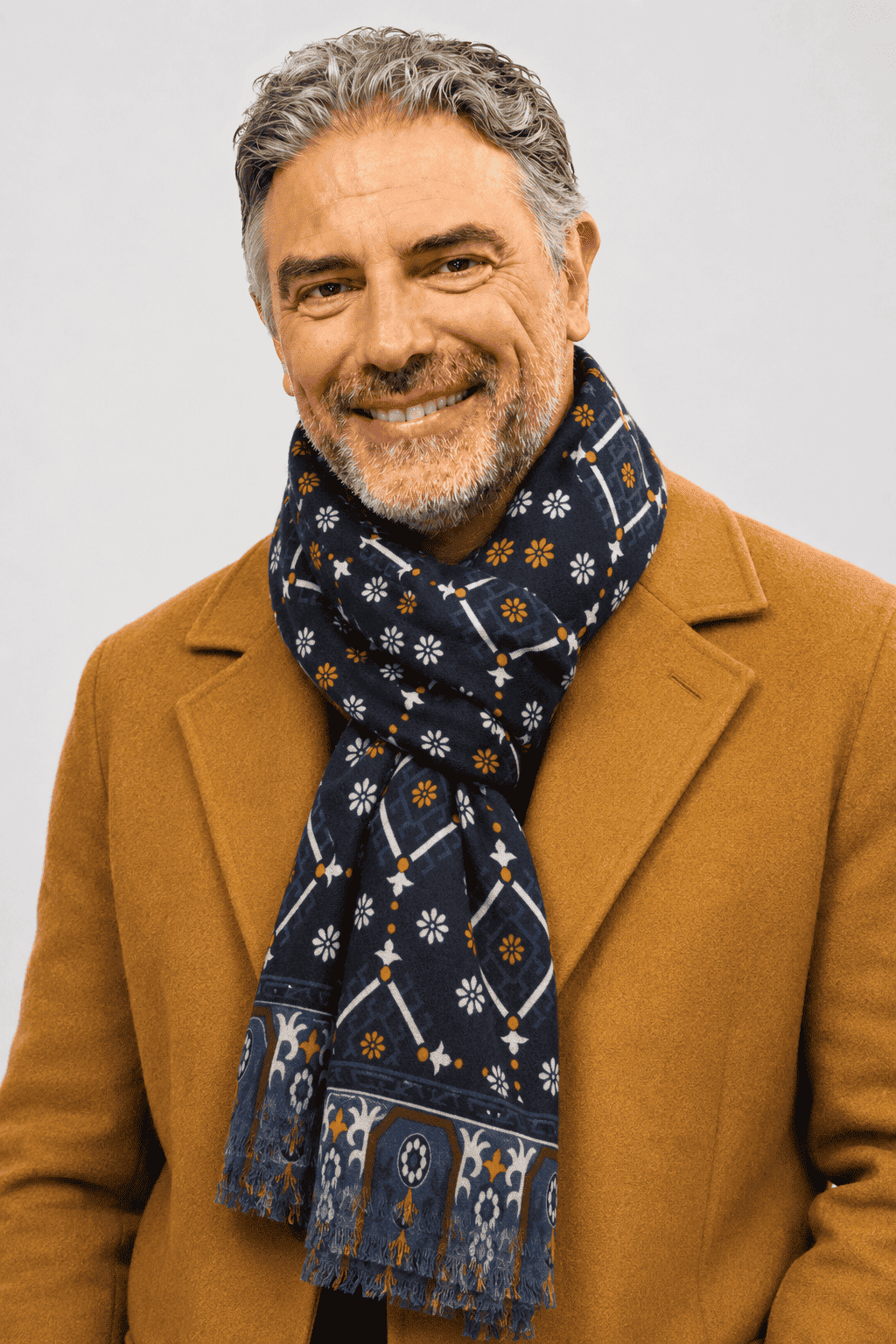 Sciarpa Foulard Pashmina Blu con Motivo Geometrico e Floreale, Fascia Ocra | Acrilico, Lana, Viscosa e Modal