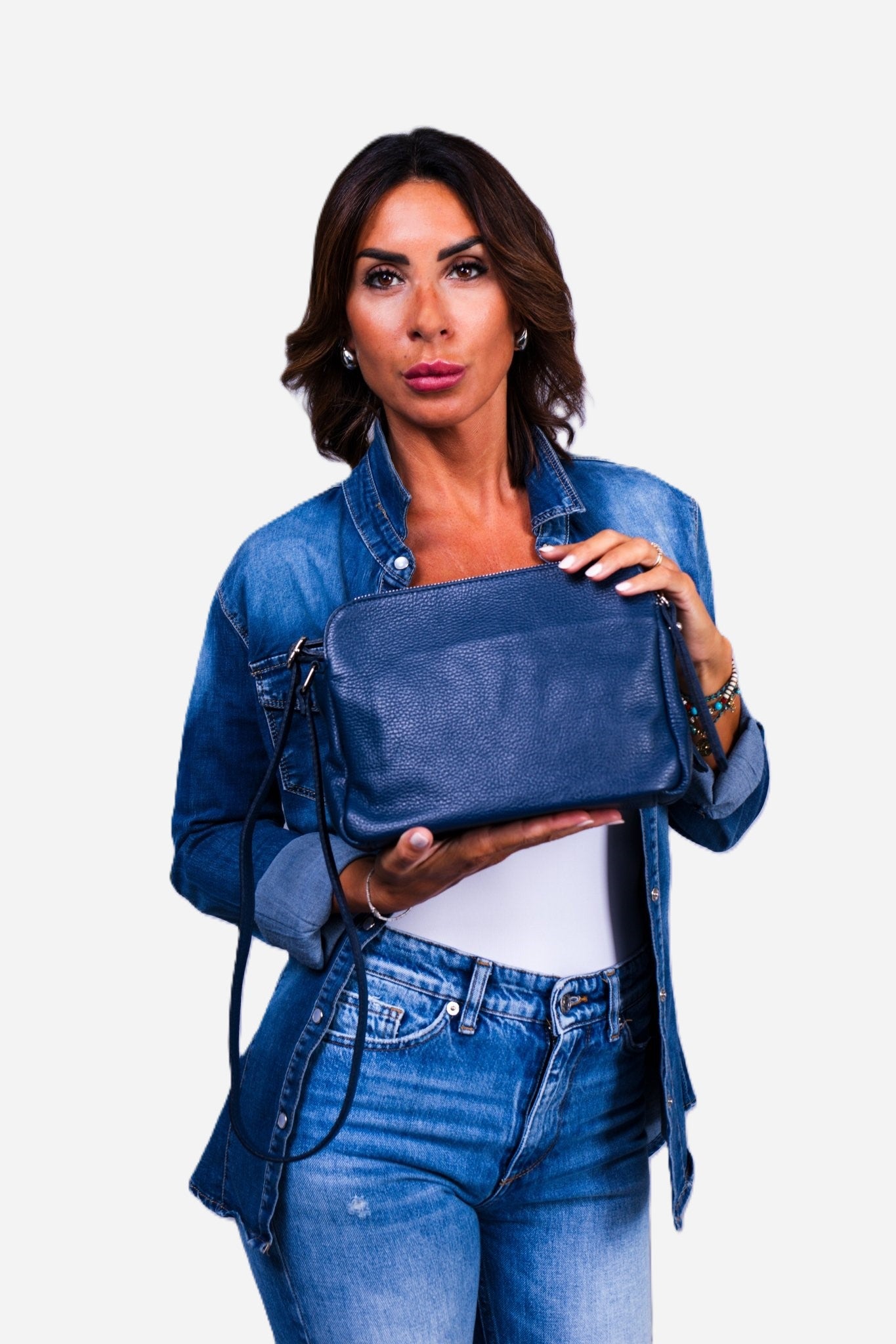 EDVIGE — Borsa a spalla in vera pelle color jeans | Made in Italy