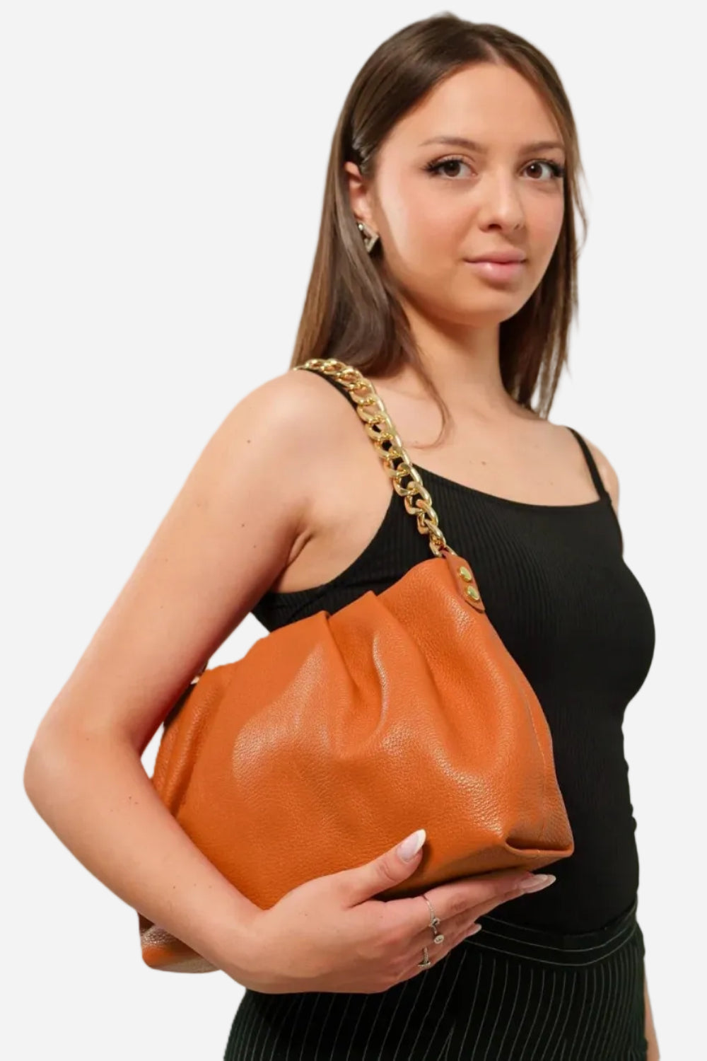 Borsa Donna Lauretana Vera Pelle Cognac | Catena Dorata | Made in Italy