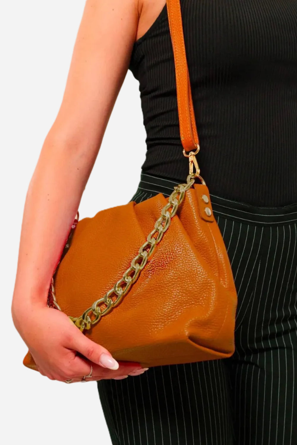 Borsa Donna Lauretana Vera Pelle Cognac | Catena Dorata | Made in Italy