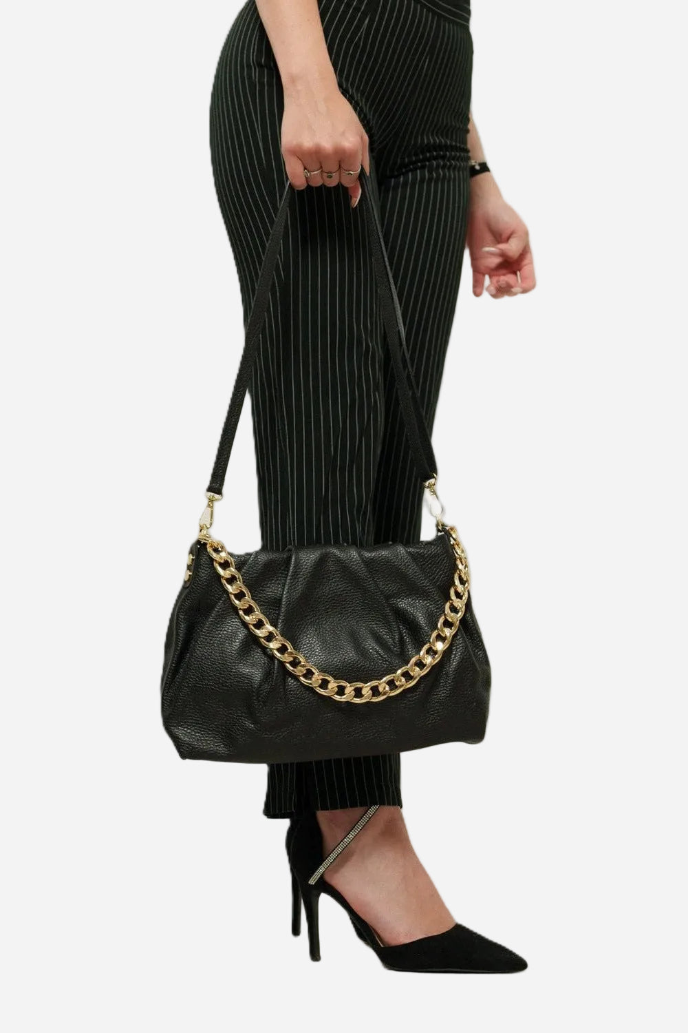 Borsa Donna Lauretana Vera Pelle Nero | Catena Dorata | Made in Italy