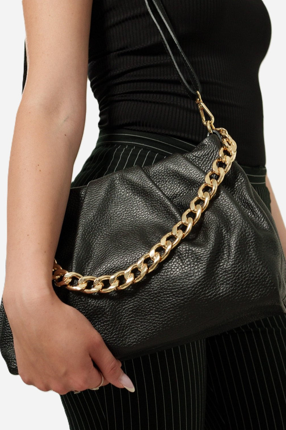 Borsa Donna Lauretana Vera Pelle Nero | Catena Dorata | Made in Italy