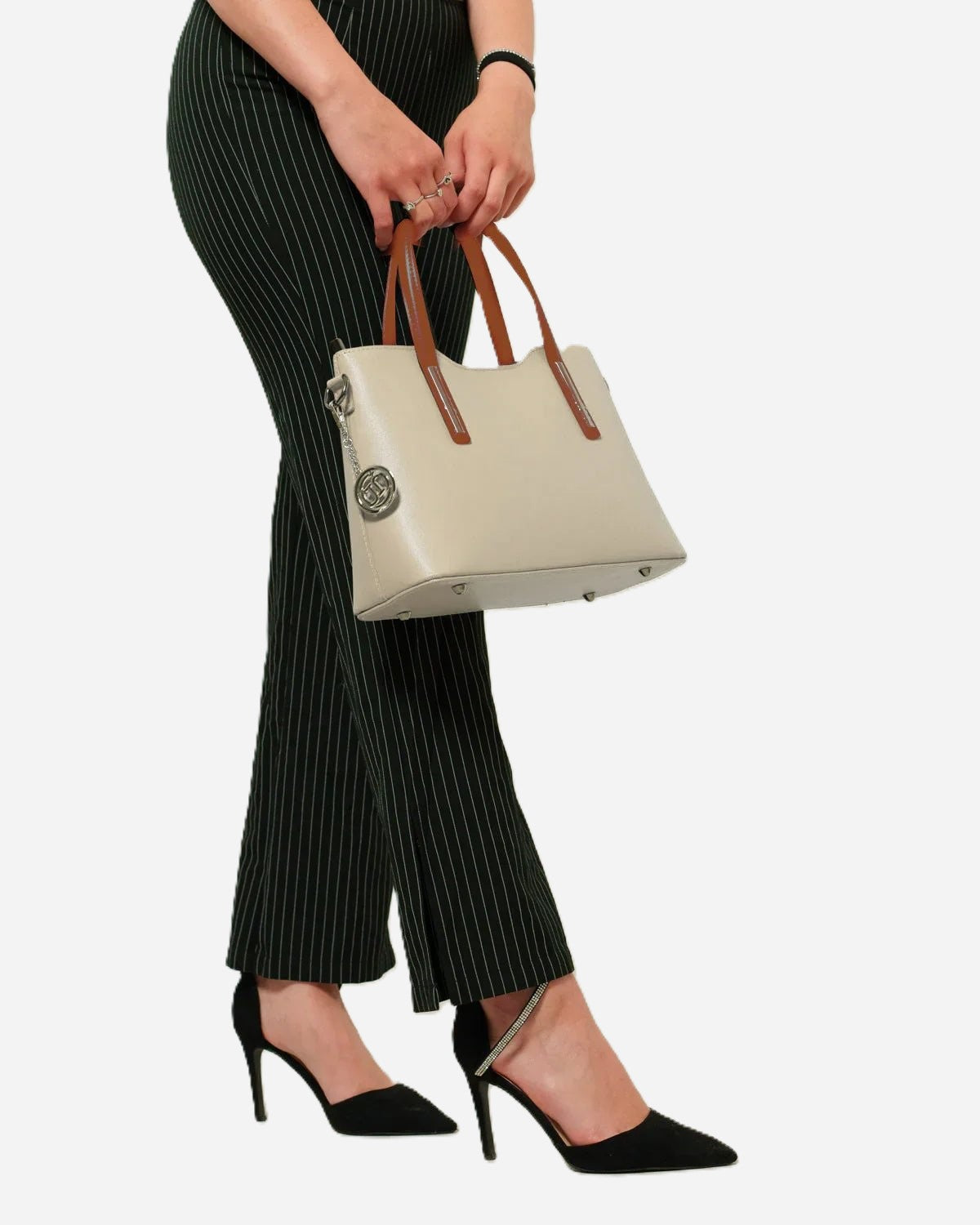 Borsa a mano donna ADELE in vera pelle beige manici cognac