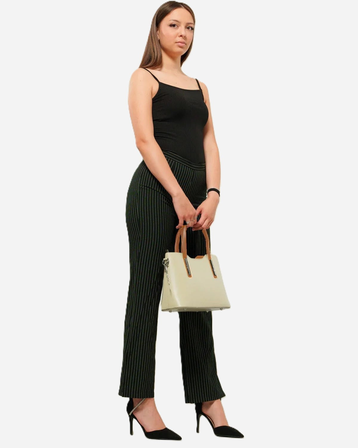 Borsa a mano donna ADELE in vera pelle beige manici cognac
