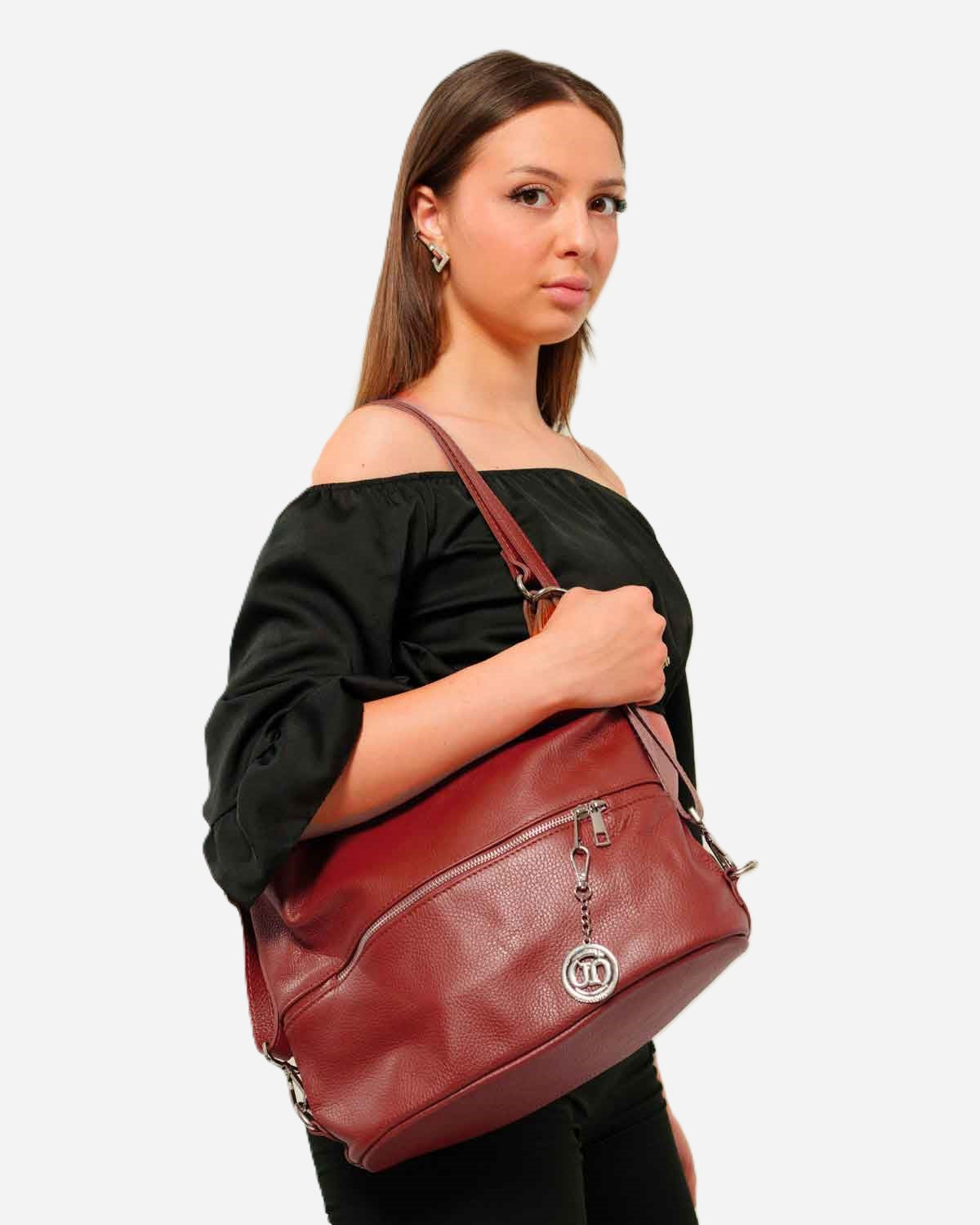 Borsa Donna MONIA in Vera Pelle Borgogna | 3 in 1 Spalla Tracolla Zaino