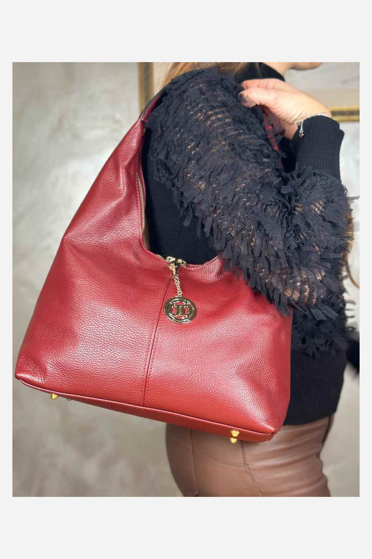 Borsa Hobo Donna LAURA in Vera Pelle Rosso Scuro | Made in Italy