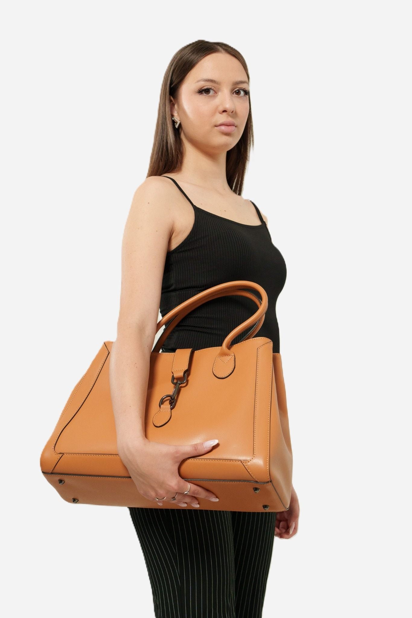 CORALBA — Borsa a mano in pelle palmellato cognac Made in Italy