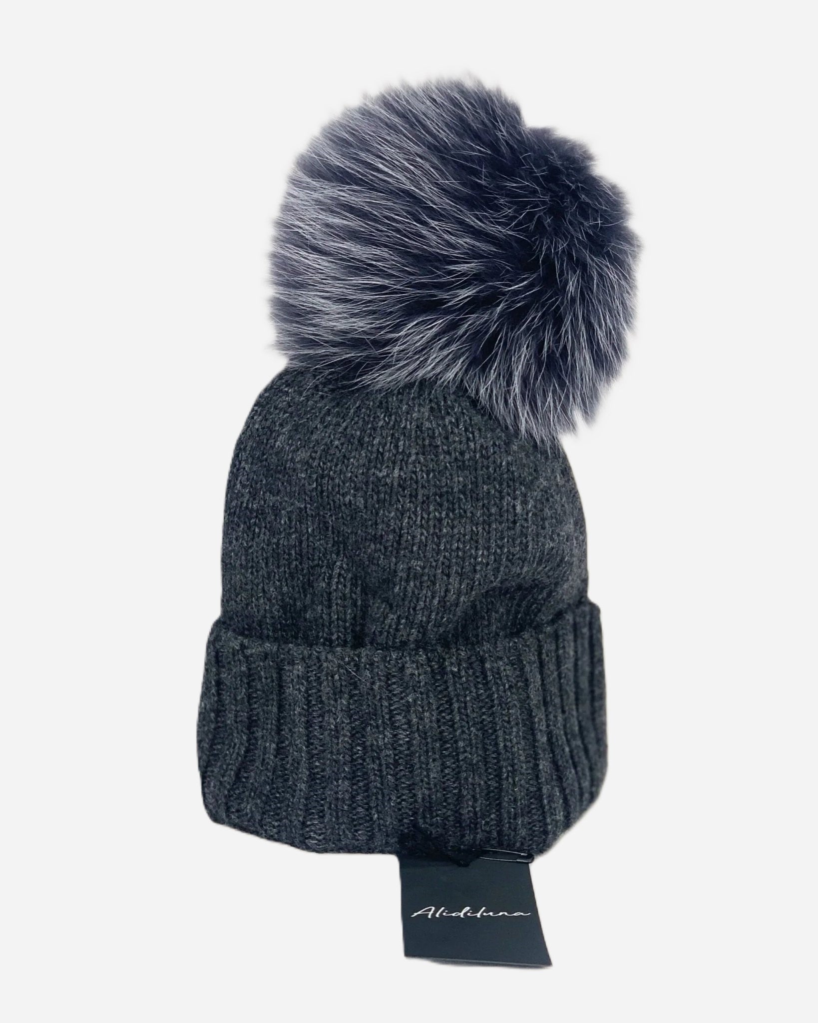 Cappello donna con pon pon di volpe grigio scuro