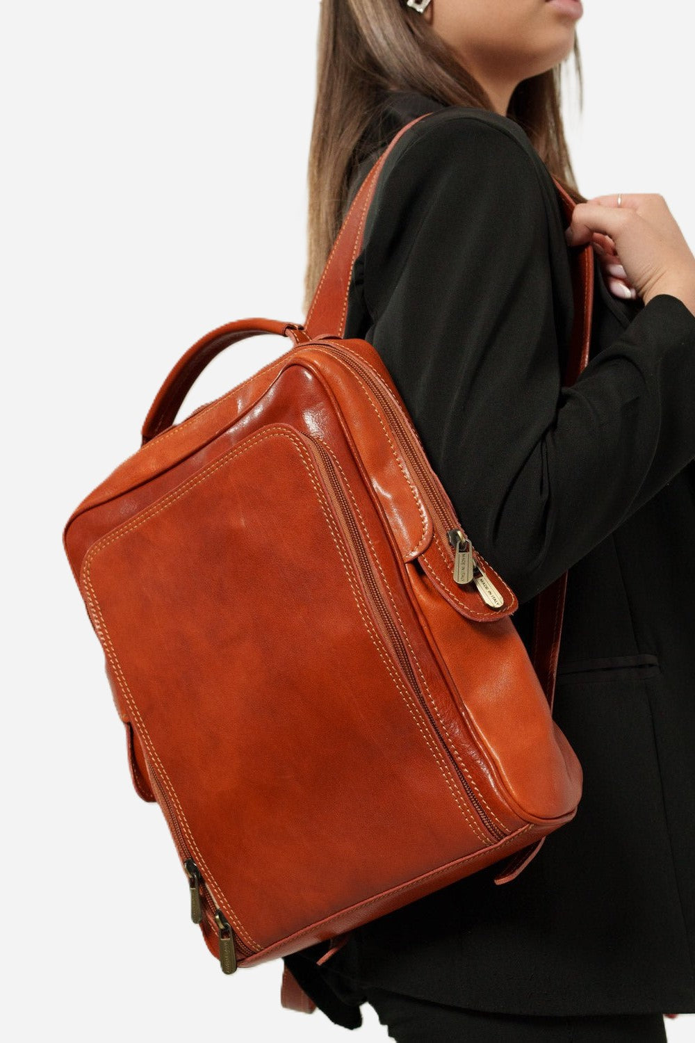 ORIONE — Zaino unisex in vero cuoio cognac con porta PC | Made in Italy
