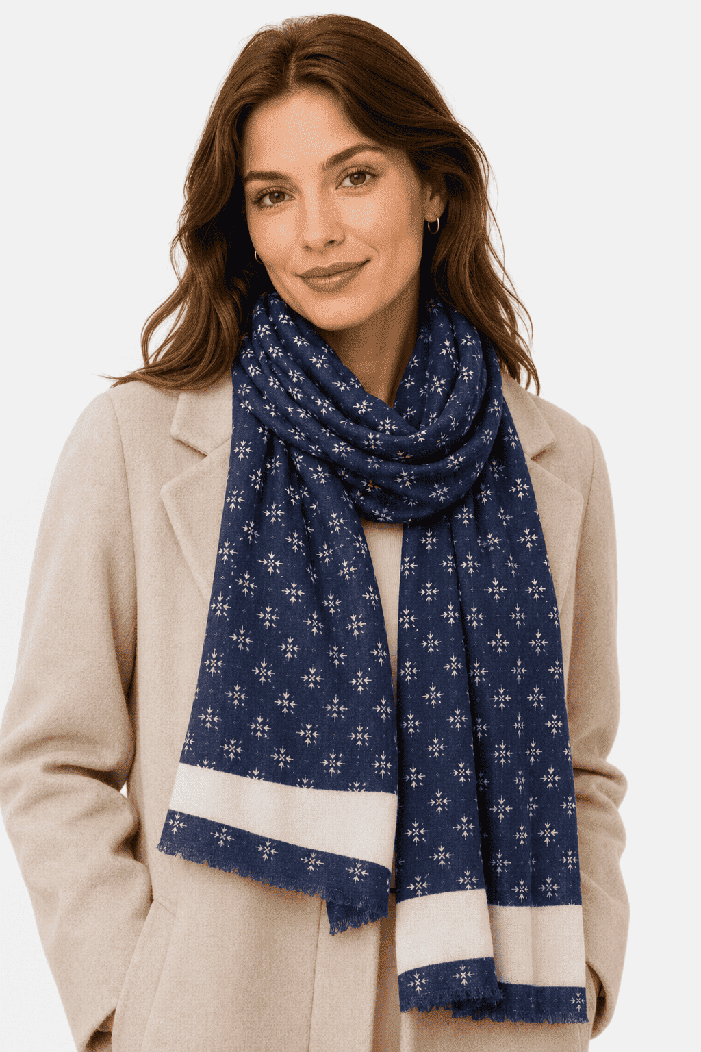 Scarf, foulard, Pashmina for Men/Women in Acrylic and Blue Wool with Geometric Pattern and White Band