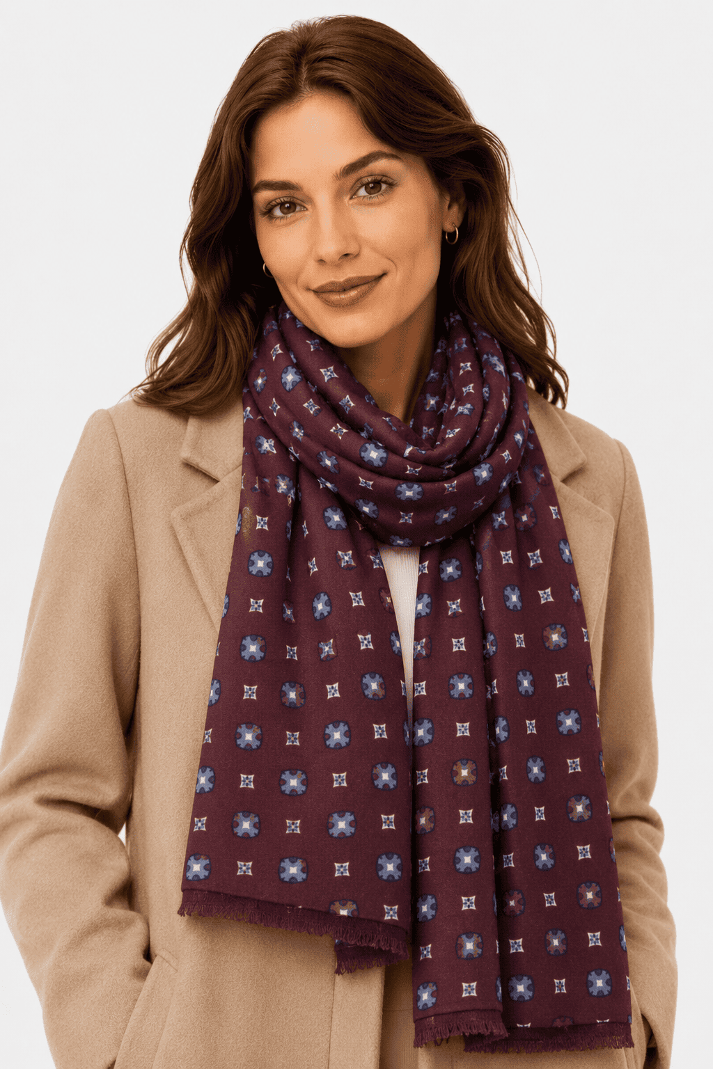 Sciarpa Foulard Pashmina Bordeaux con Motivo Geometrico Multicolore | Acrilico, Lana, Viscosa e Modal