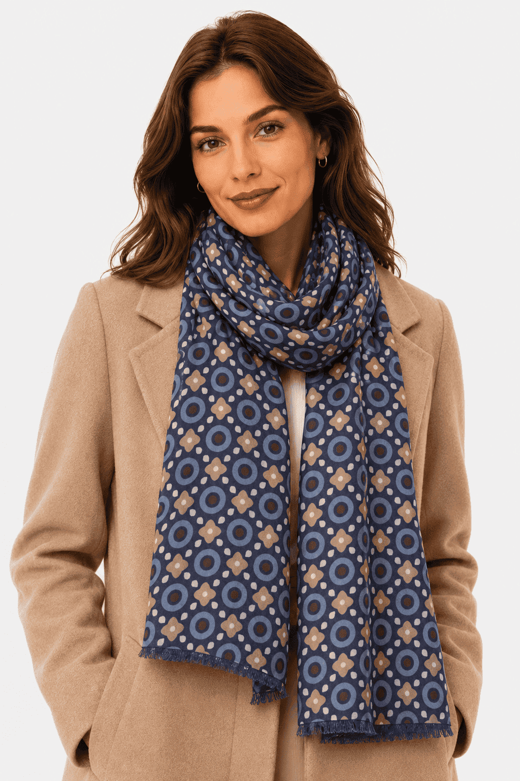 Sciarpa Foulard Pashmina Blu con Motivo Geometrico Multicolore | Acrilico, Lana, Viscosa e Modal