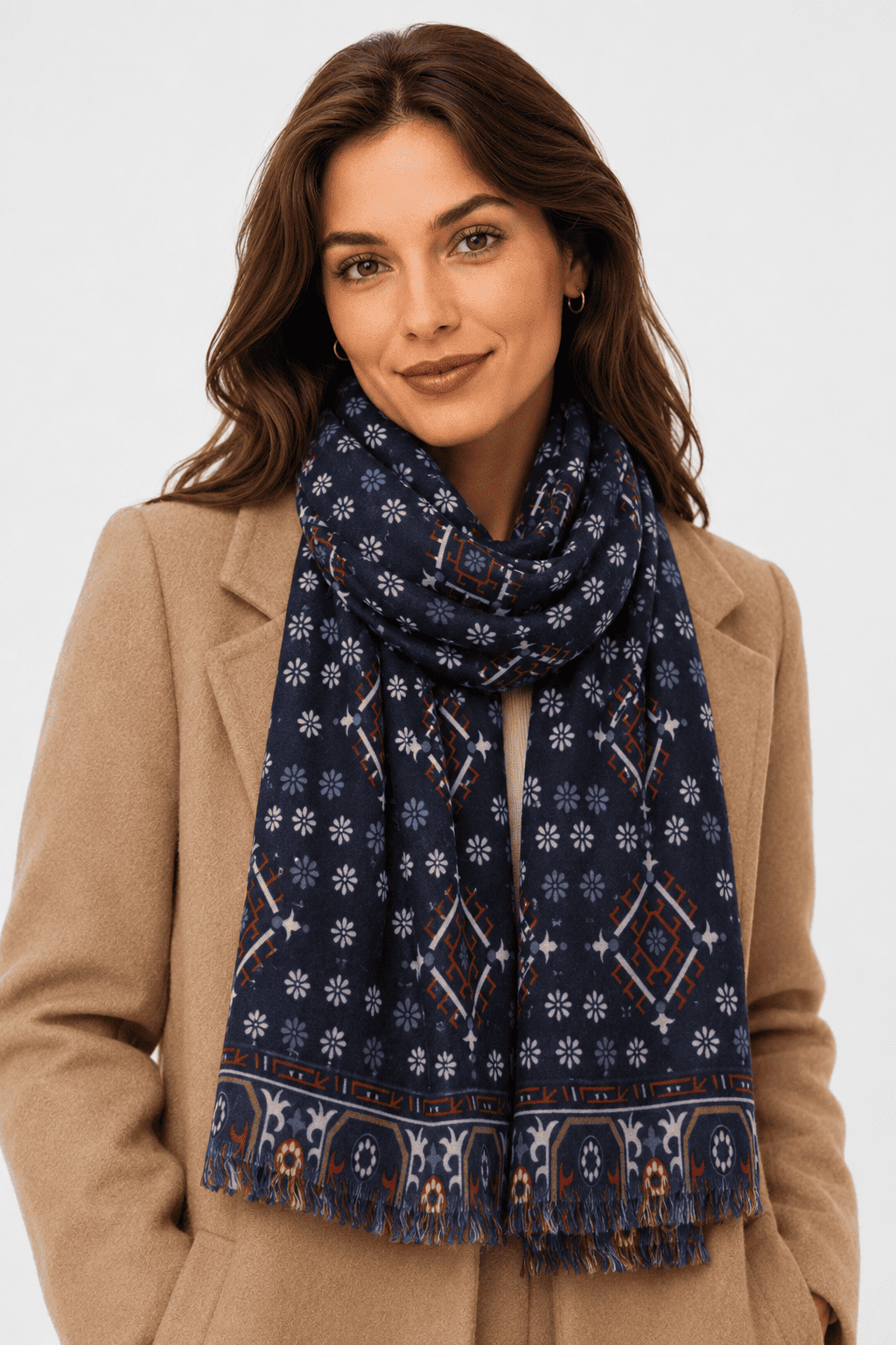 Scarf, foulard, Pashmina for Men/Women in Acrylic and Wool, Blue with Orange and White Geometric Patterns