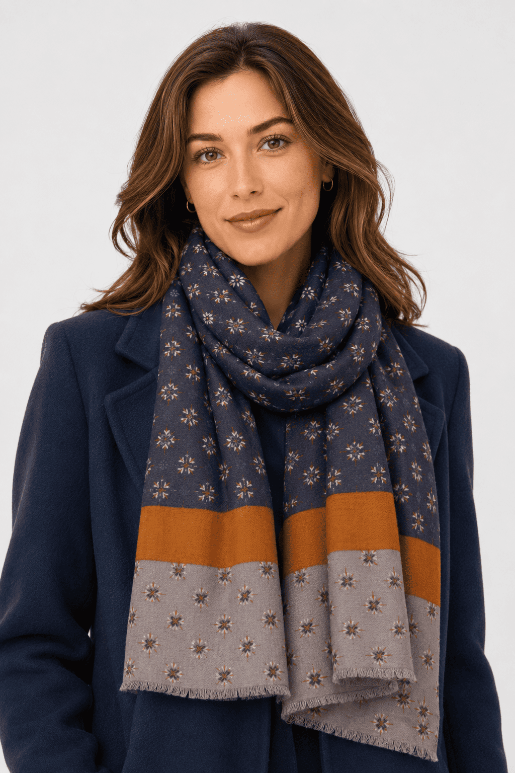 Scarf, foulard, Pashmina for men and women in wool and acrylic, dark grey, geometric patterns with ochre and light grey band