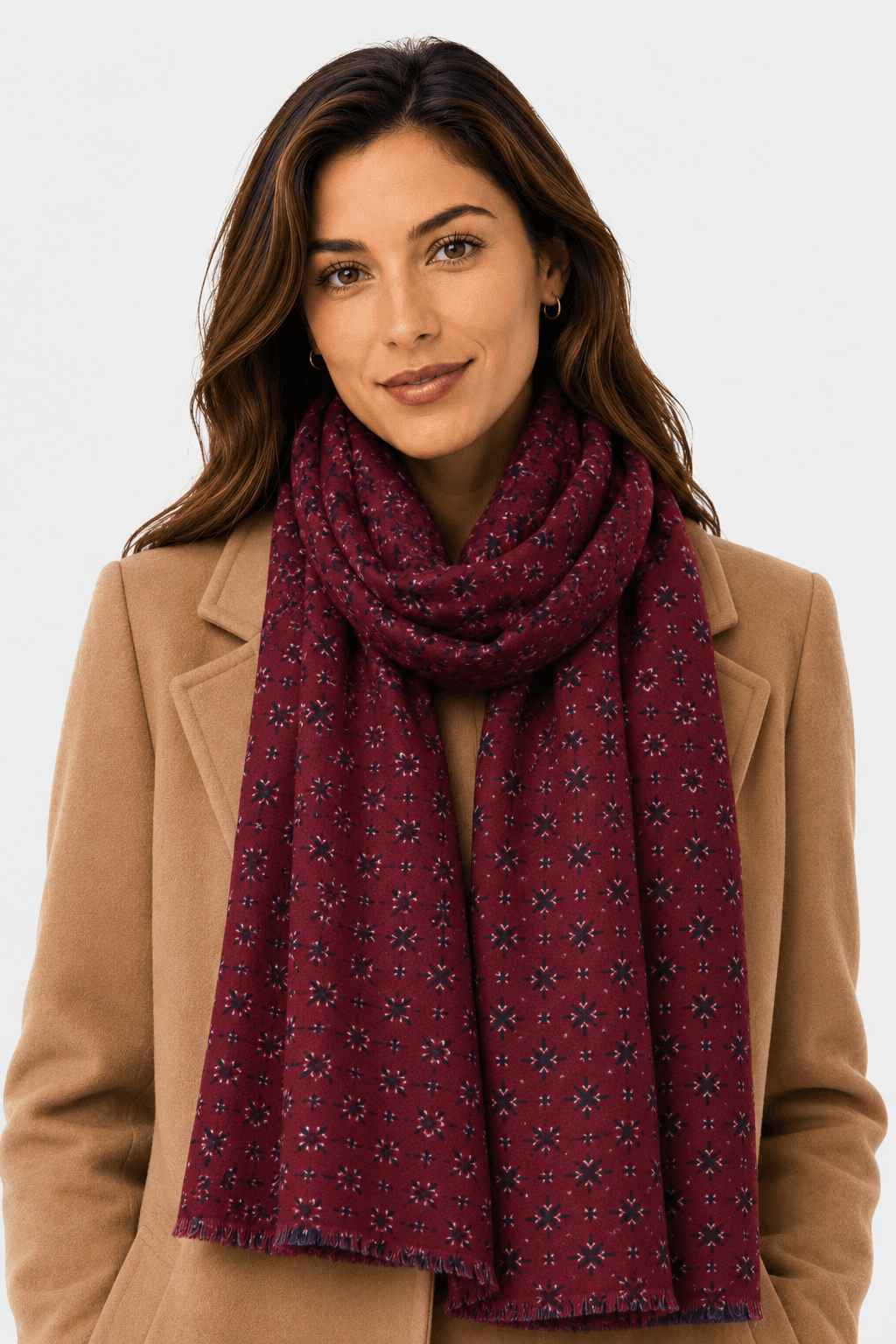 Scarf, foulard, Pashmina for Men/Women in Wool and Acrylic Bordeaux with dark geometric pattern Green Blue band