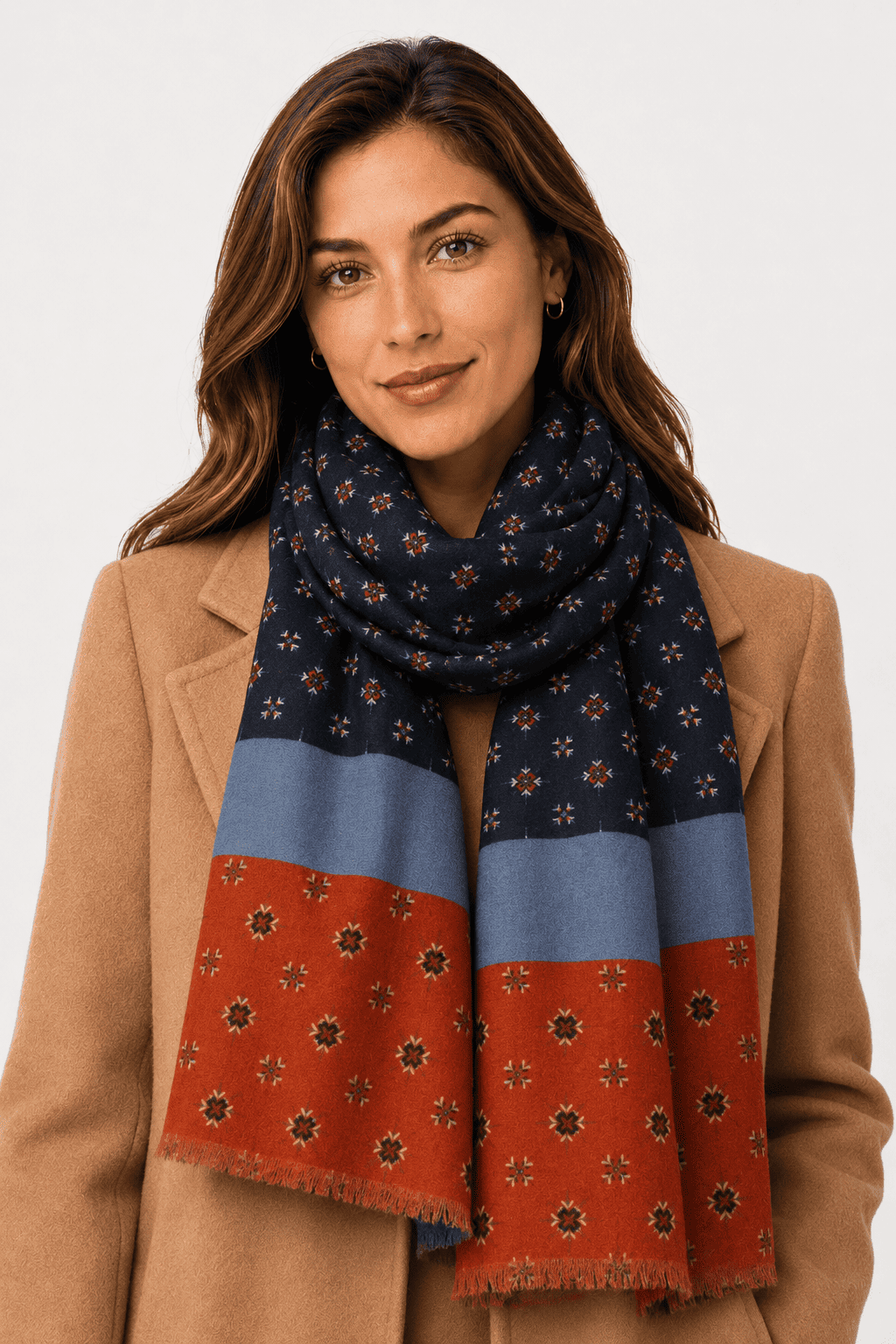 Scarf, foulard, Pashmina for men and women in wool and acrylic, blue with geometric patterns and light blue and orange band