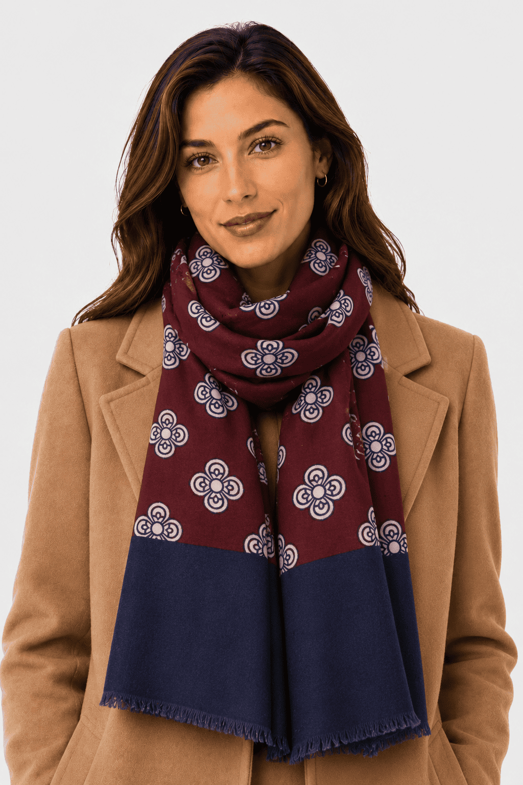 Scarf, foulard, Pashmina for men and women in red wool and acrylic with white floral motifs