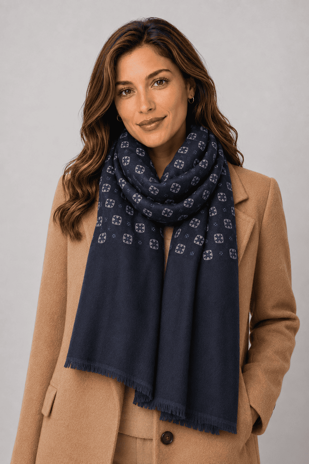Scarf, foulard, Pashmina for Men/Women in Wool and Acrylic, Blue, Geometric Pattern, Grey/Blue