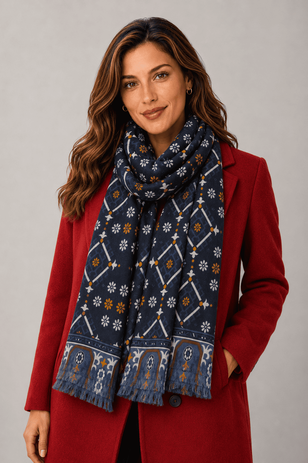 Scarf, foulard, Pashmina for men and women in wool and acrylic, blue with geometric floral motifs
