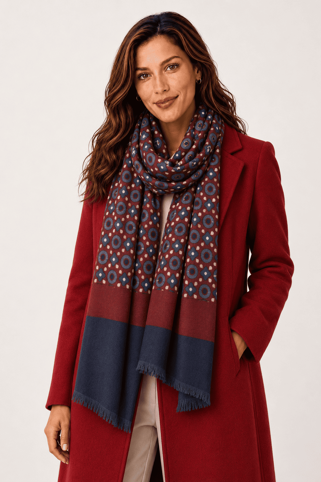 Sciarpa Foulard Pashmina Bordeaux e Blu con Motivo Geometrico Multicolore | Acrilico, Lana, Viscosa e Modal