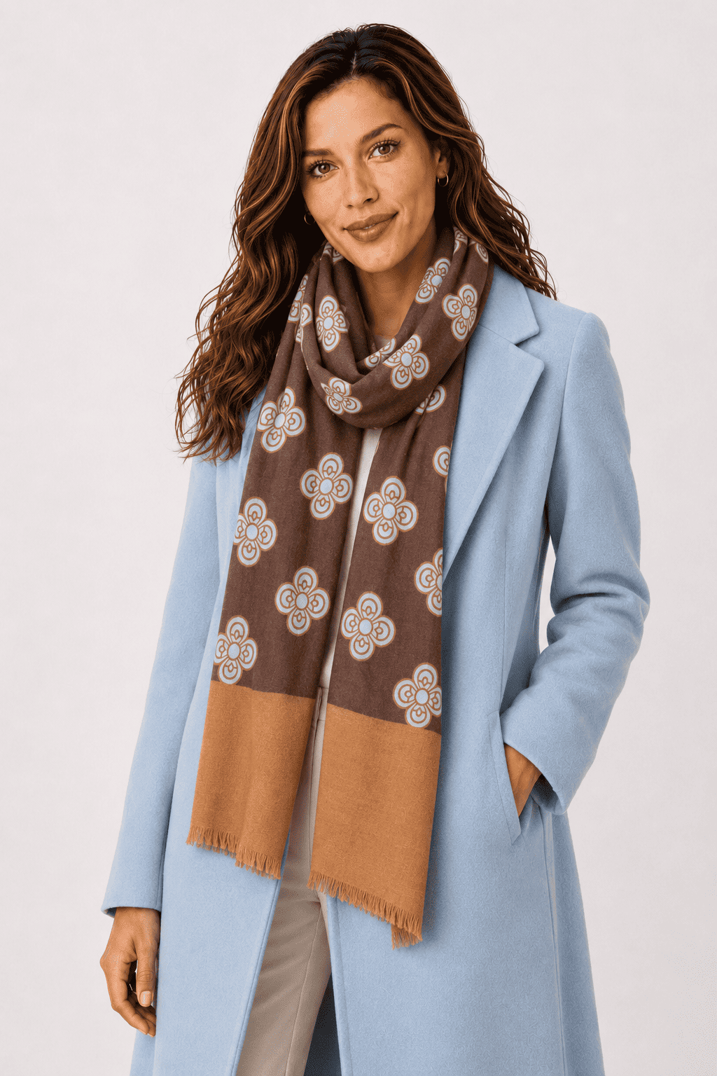 Sciarpa Foulard Pashmina Marrone con Motivo Floreale | Acrilico, Lana, Viscosa e Modal