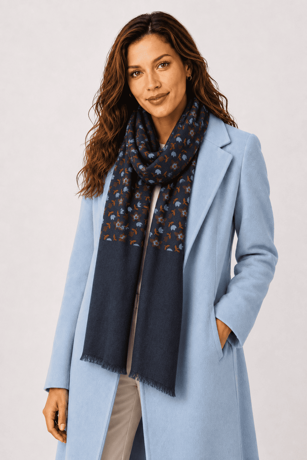 Sciarpa Foulard Pashmina Blu con Piccoli Fiori Stilizzati Multicolore | Acrilico, Lana, Viscosa e Modal