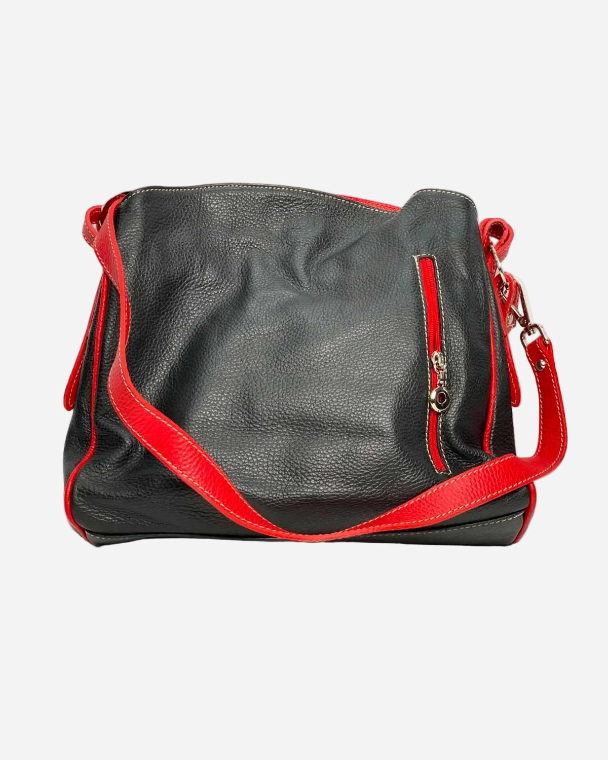 Borsa a spalla donna Maria Giulia in vera pelle made in italy - Nero con manici rosso - Alidiluna