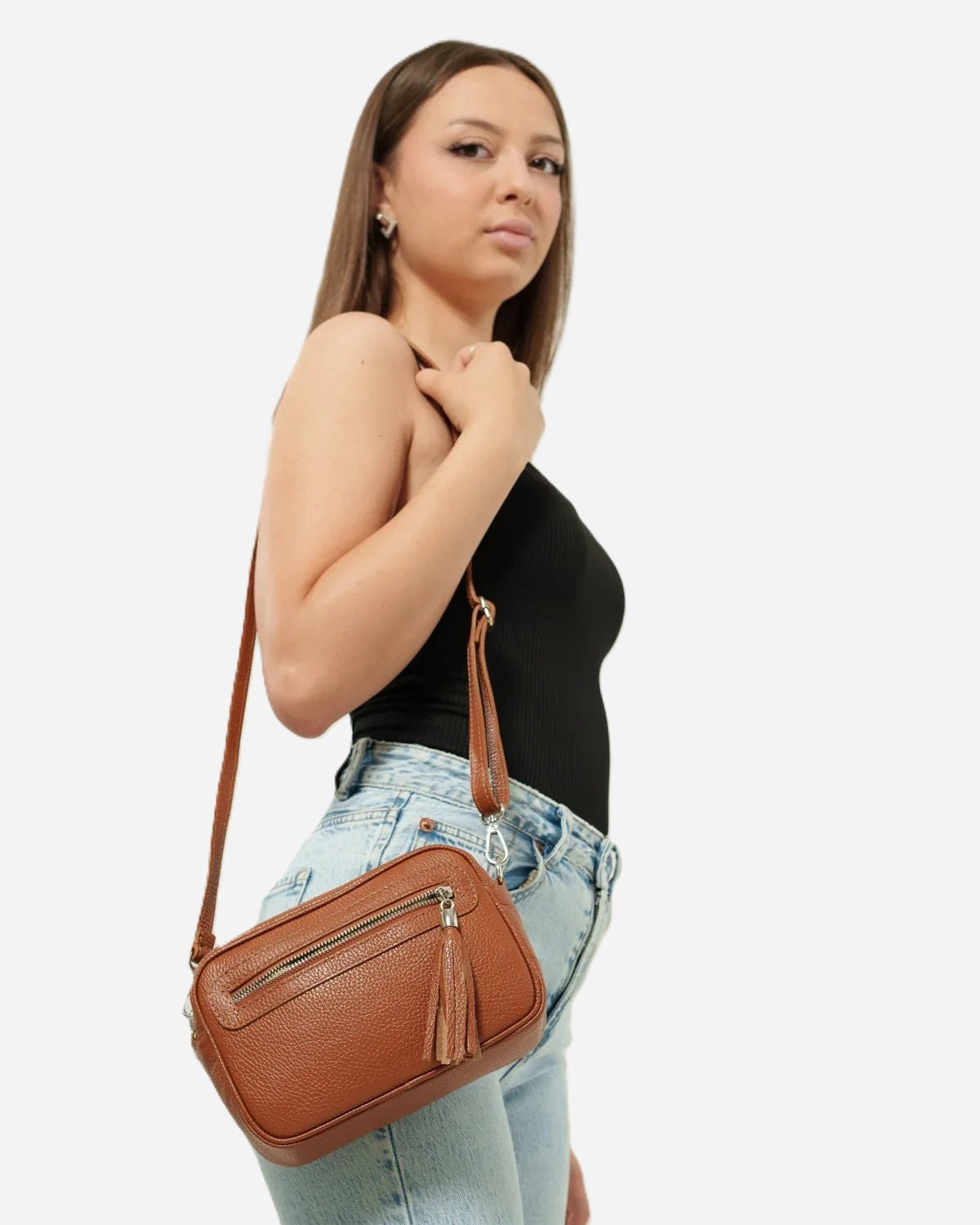 Borsa a Spalla Donna Alessia in Vera Pelle Cognac | Made in Italy