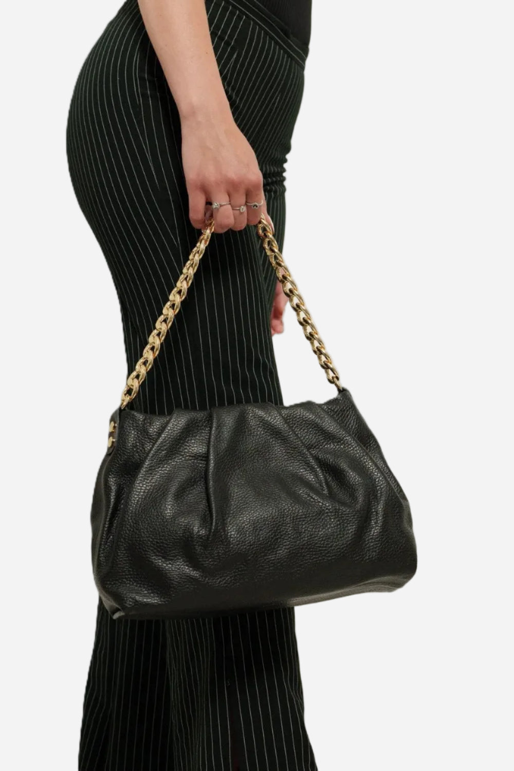 Borsa Donna Lauretana Vera Pelle Nero | Catena Dorata | Made in Italy