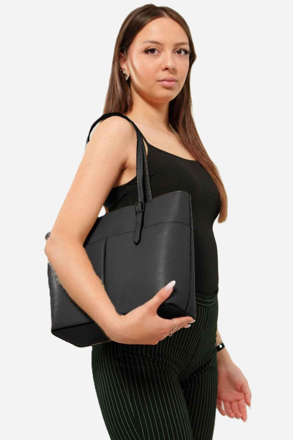 MONICA — Borsa a mano e spalla in pelle palmellato nera | Made in Italy