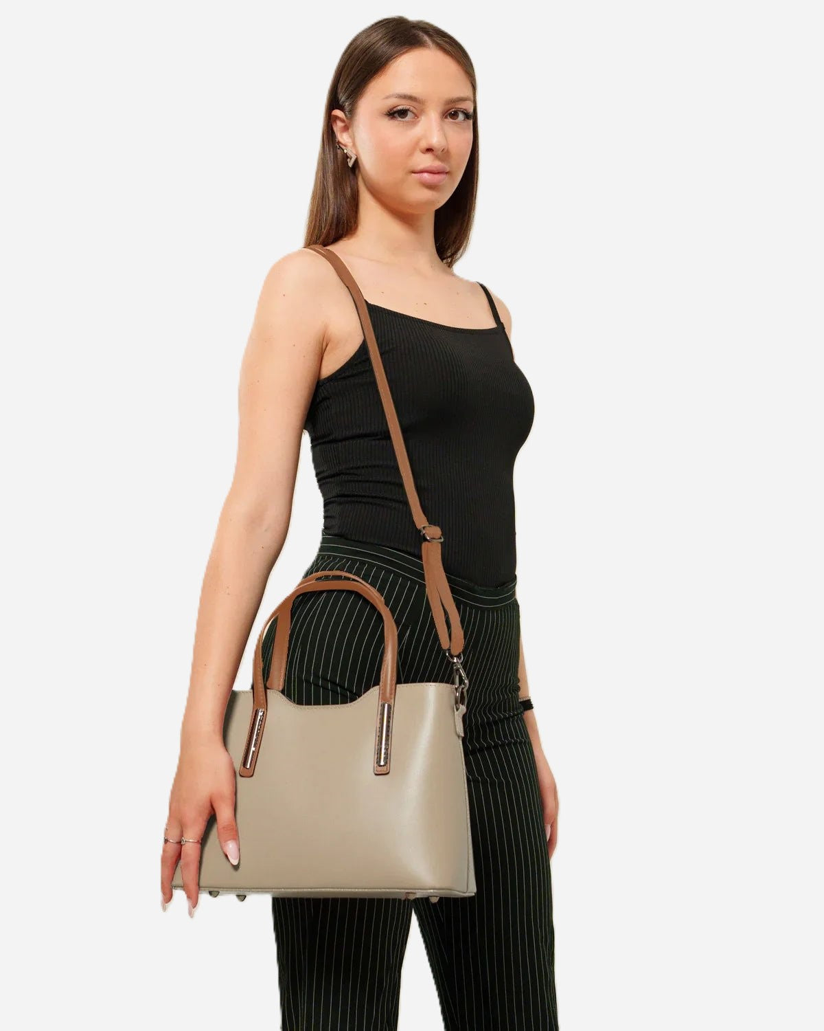 Borsa a mano donna ADELE in vera pelle beige  manici cognac