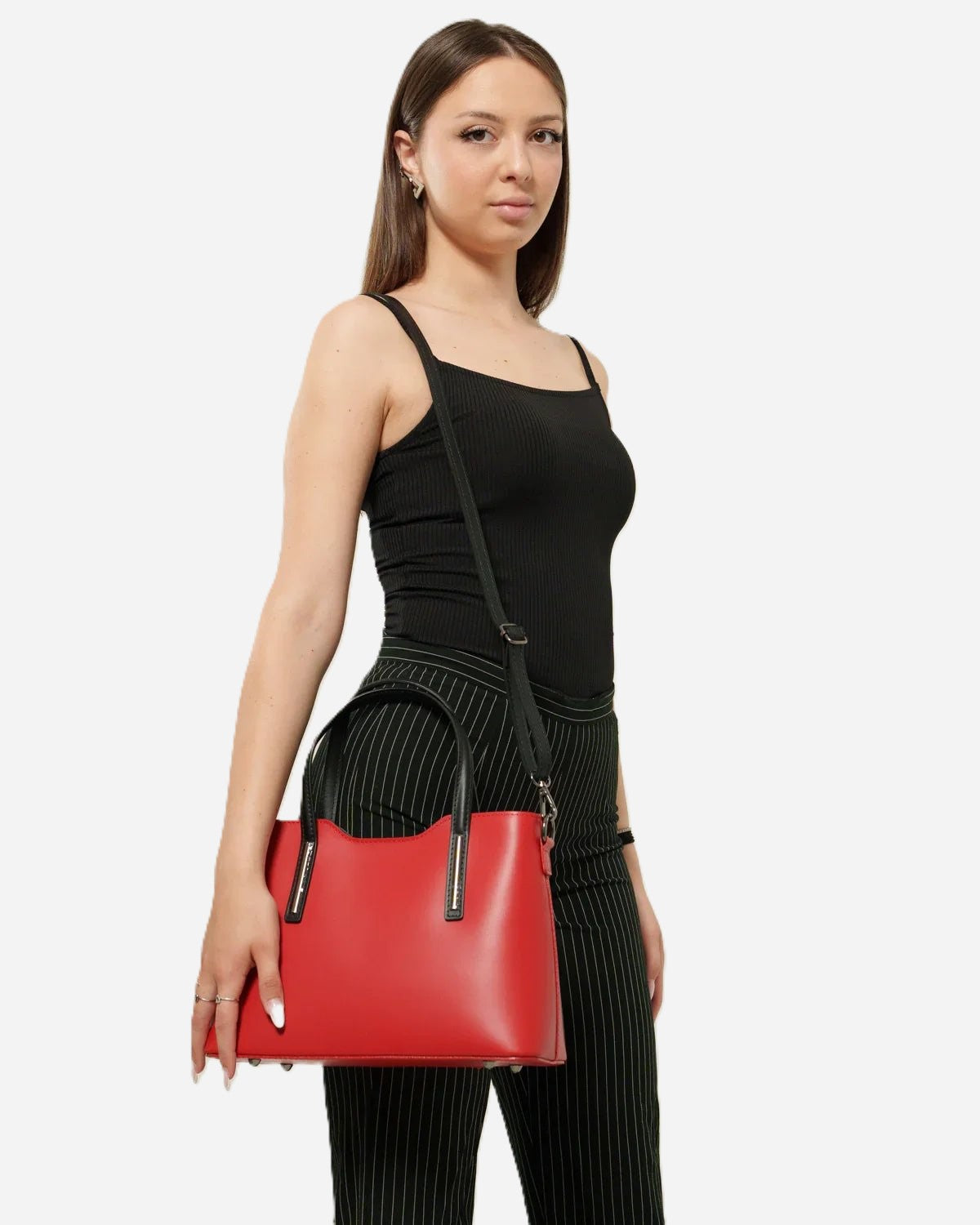 Borsa donna ADELE in vera pelle rosso manici nero