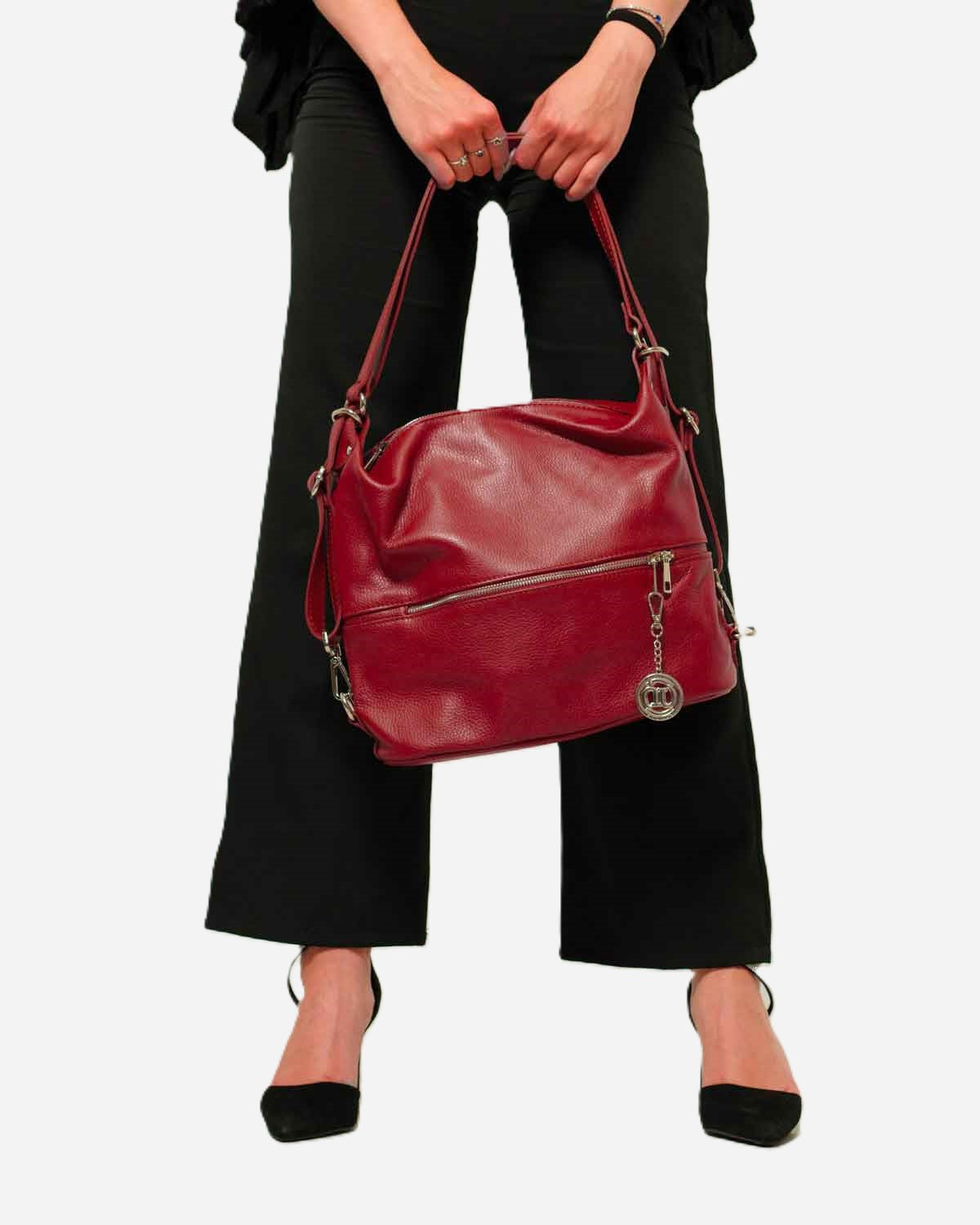 Borsa Donna MONIA in Vera Pelle Borgogna | 3 in 1 Spalla Tracolla Zaino