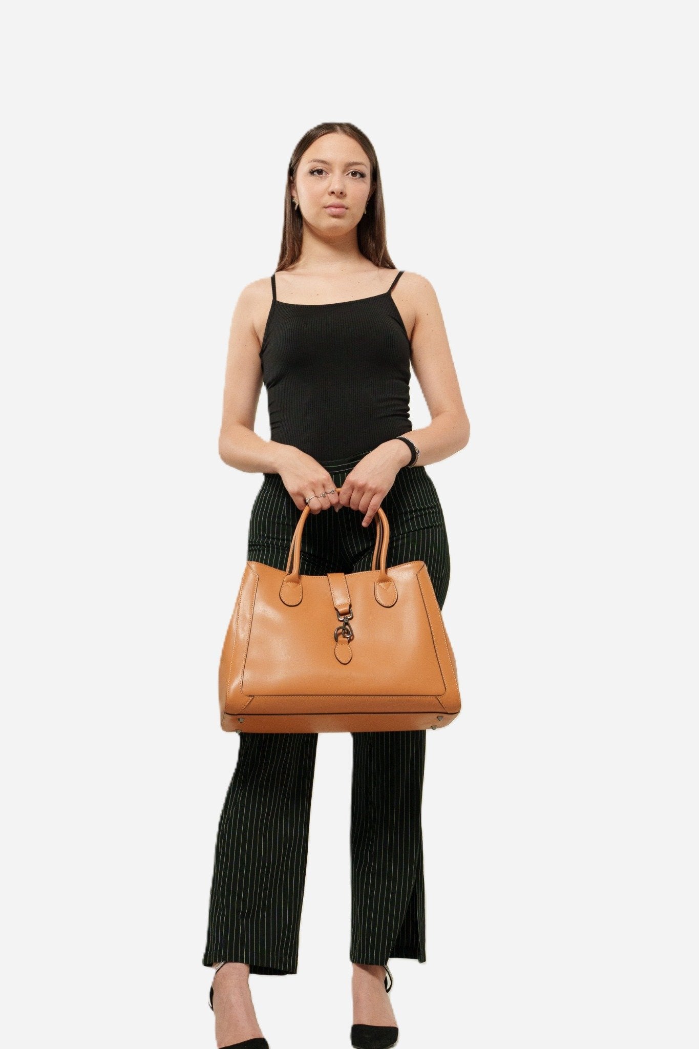 CORALBA — Borsa a mano in pelle palmellato cognac  Made in Italy
