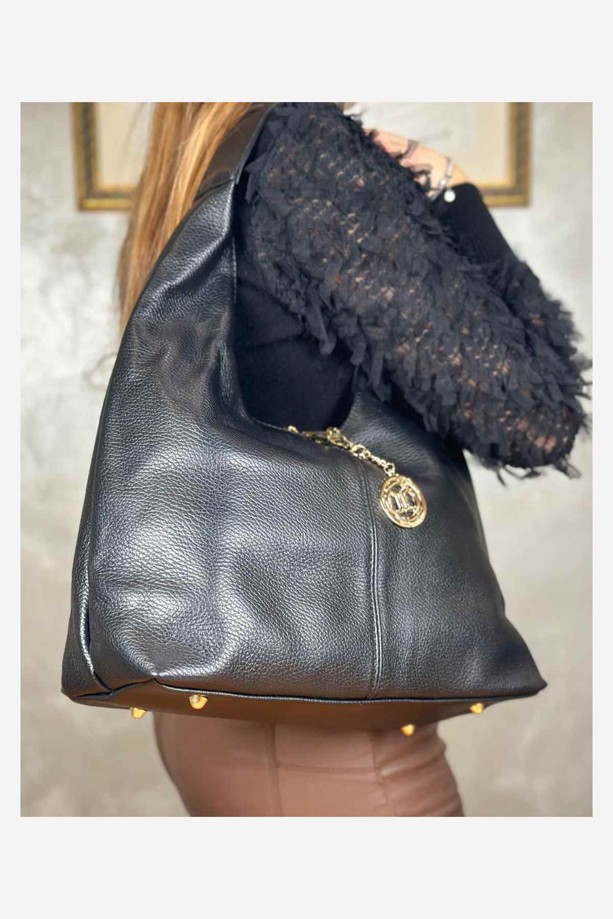 Borsa Hobo Donna LAURA in Vera Pelle Nero | Made in Italy