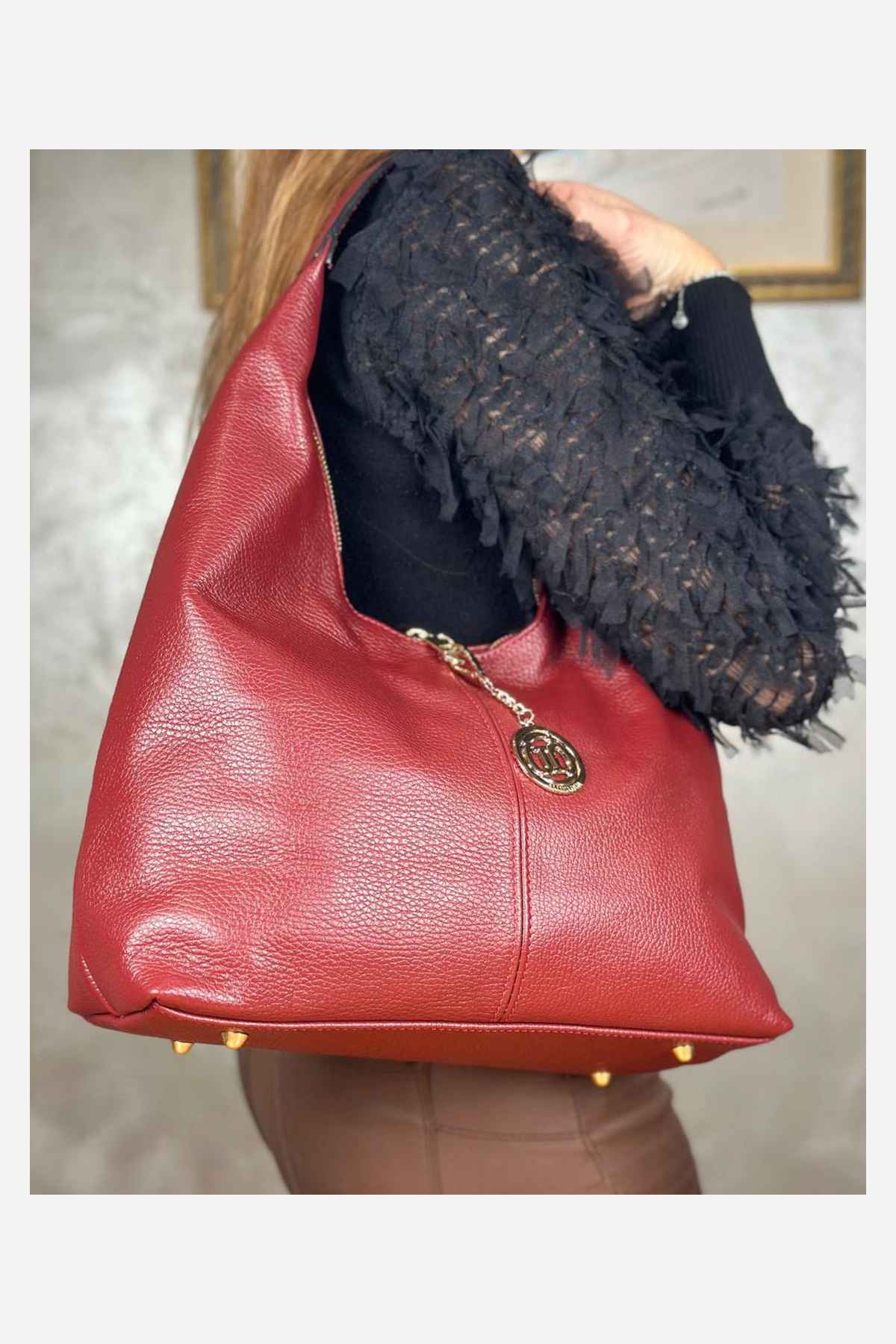 Borsa Hobo Donna LAURA in Vera Pelle Rosso Scuro | Made in Italy