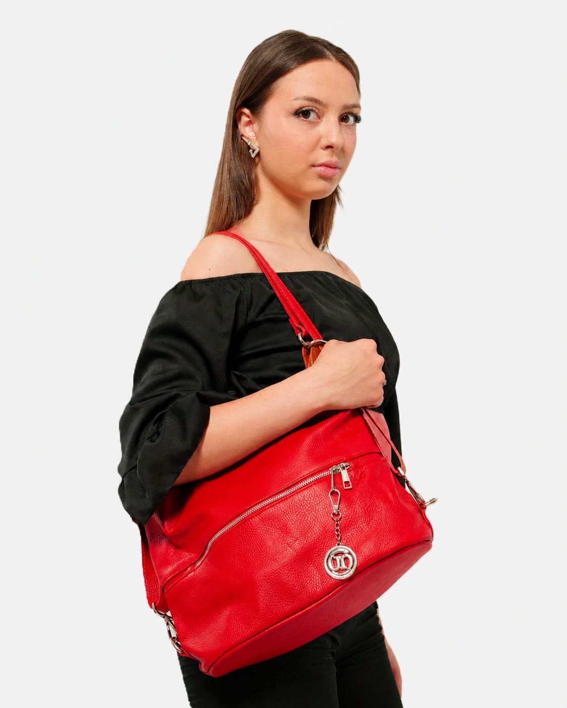 Borsa Donna MONIA in Vera Pelle Rosso | 3 in 1 Spalla Tracolla Zaino