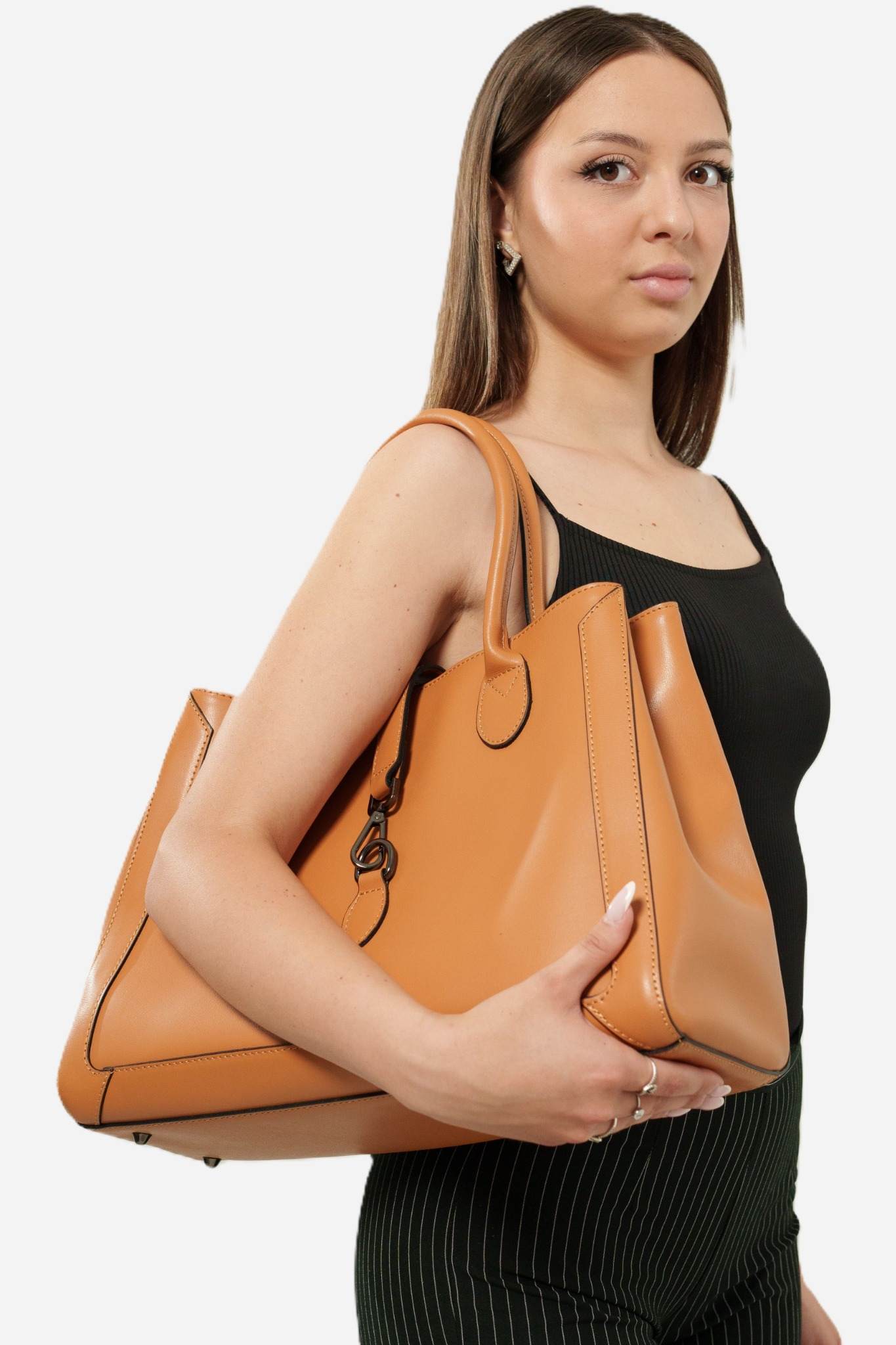 CORALBA — Borsa a mano in pelle palmellato cognac  Made in Italy