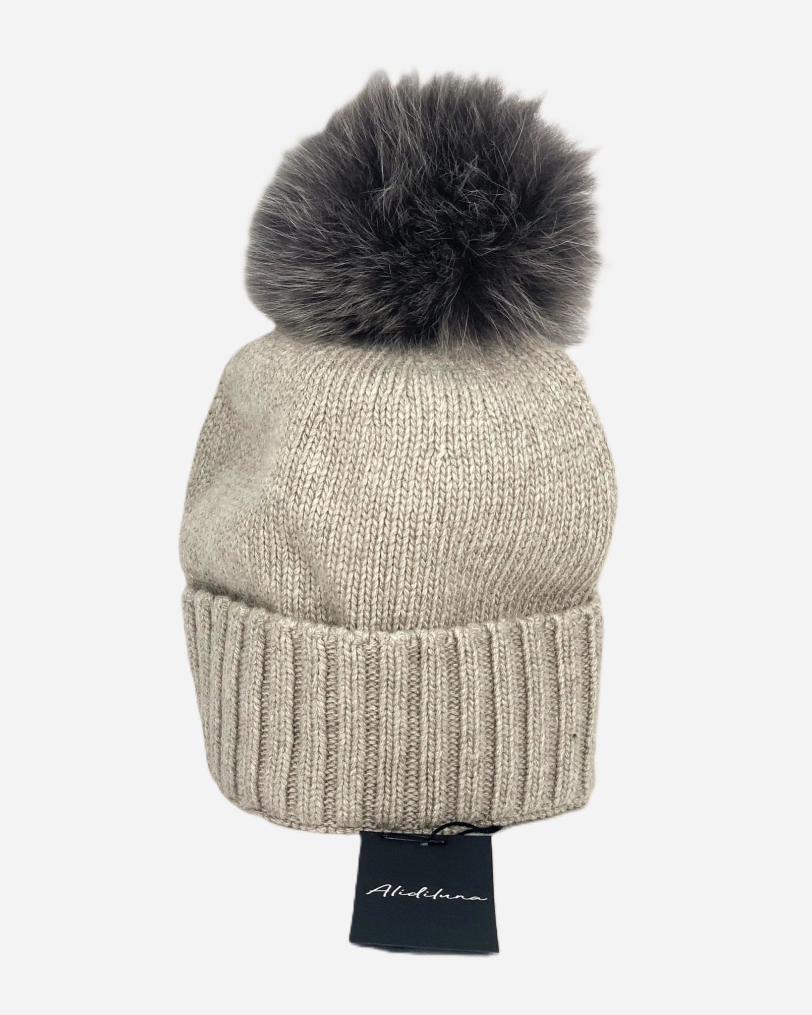 Cappello donna con pon pon di volpe grigio chiaro