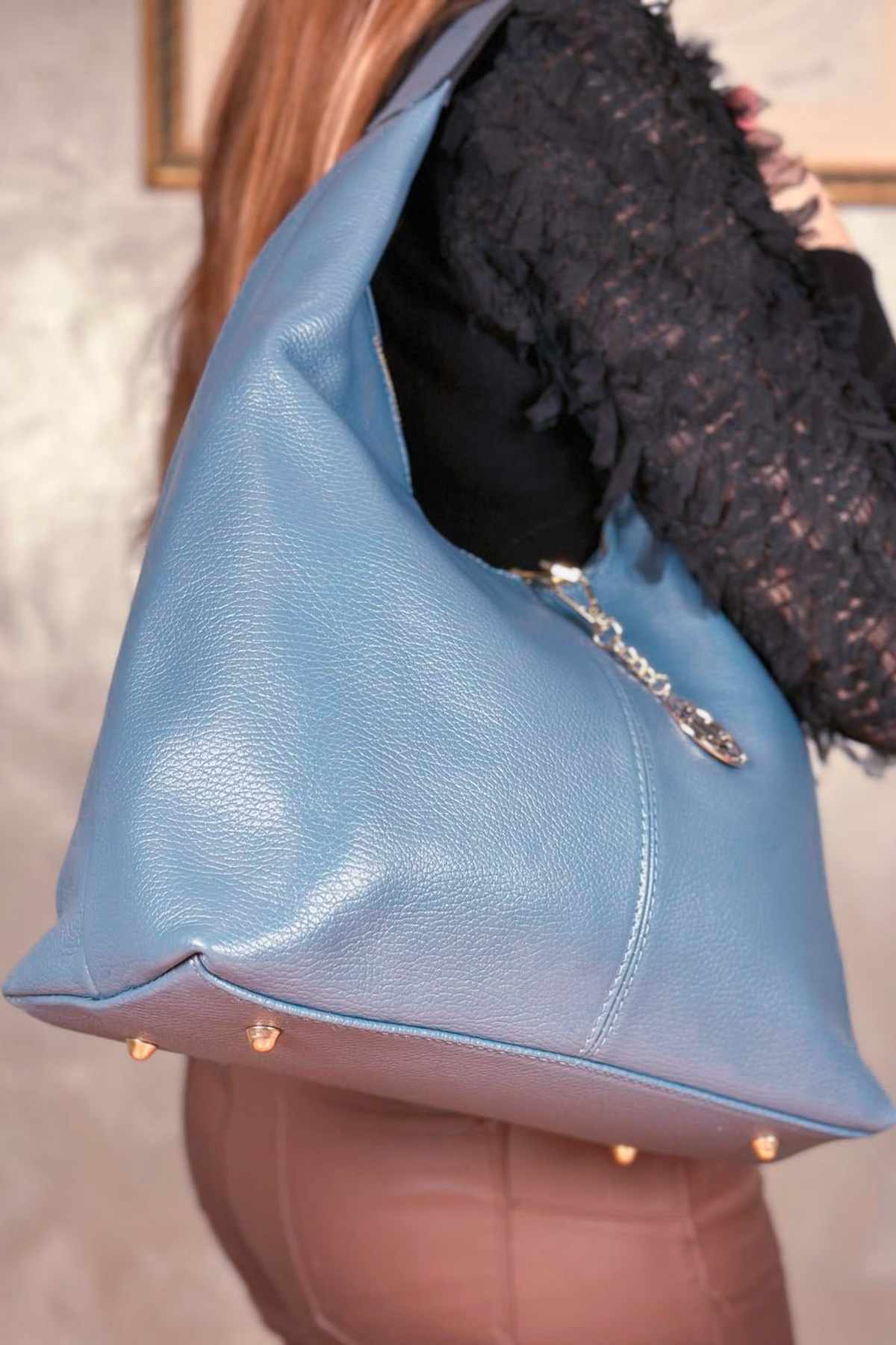 Borsa Hobo Donna LAURA in Vera Pelle Ceruleo | Made in Italy