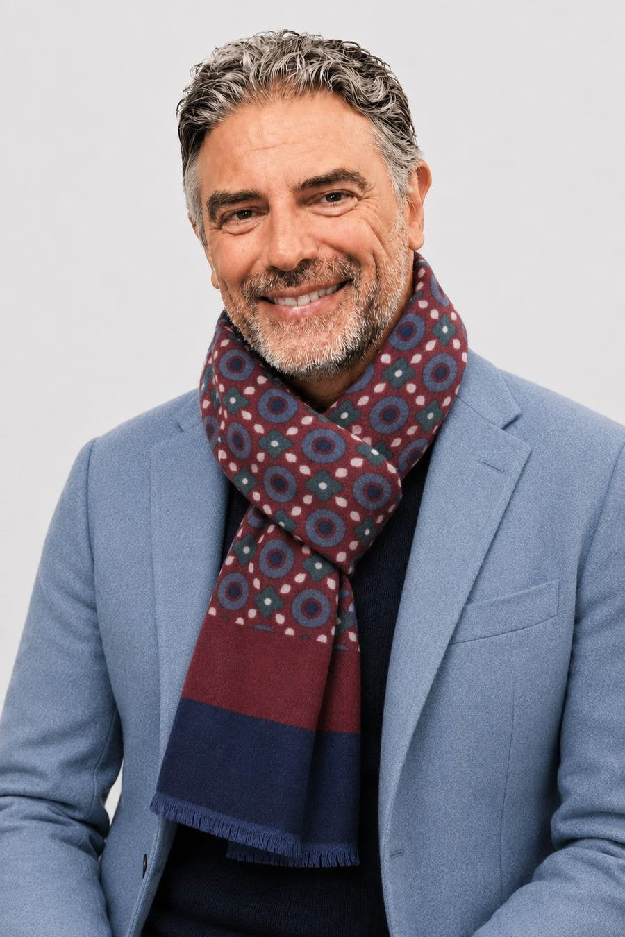 Sciarpa Foulard Pashmina Bordeaux e Blu con Motivo Geometrico Multicolore | Acrilico, Lana, Viscosa e Modal