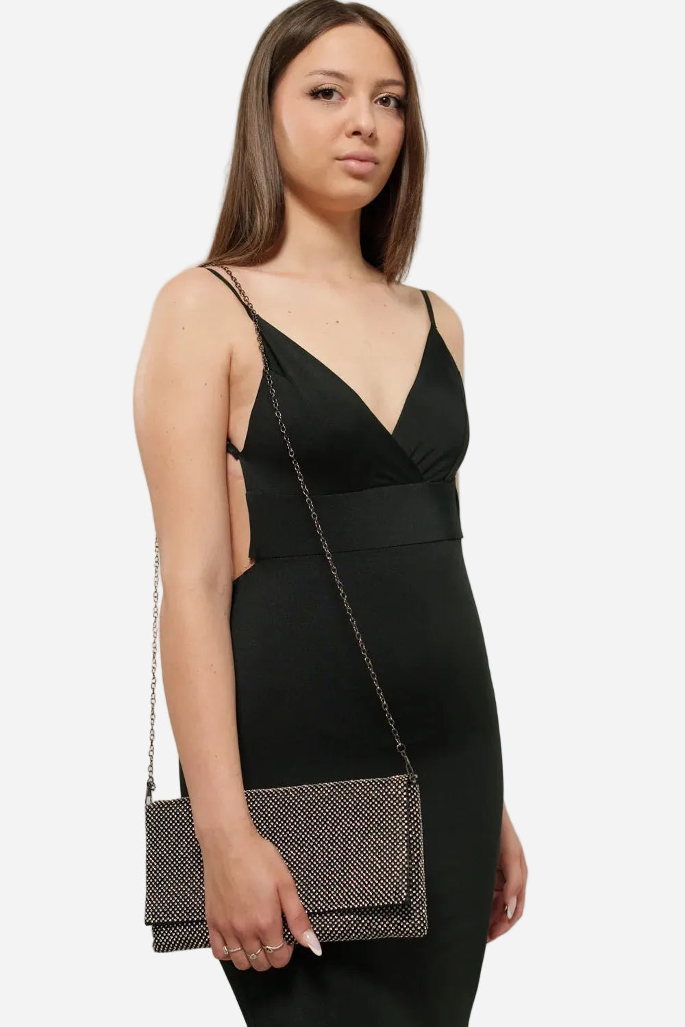 Pochette tracolla Donna Sissi Nero con strass e tracolla a catena - Alidiluna