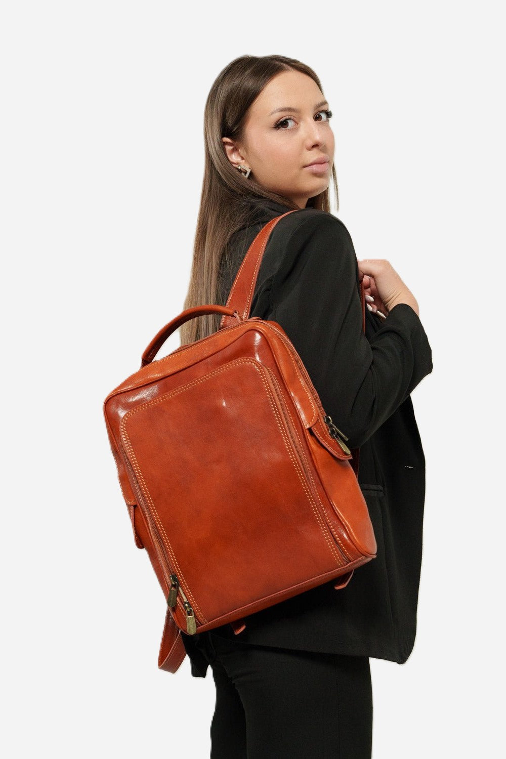 ORIONE — Zaino unisex in vero cuoio cognac con porta PC | Made in Italy