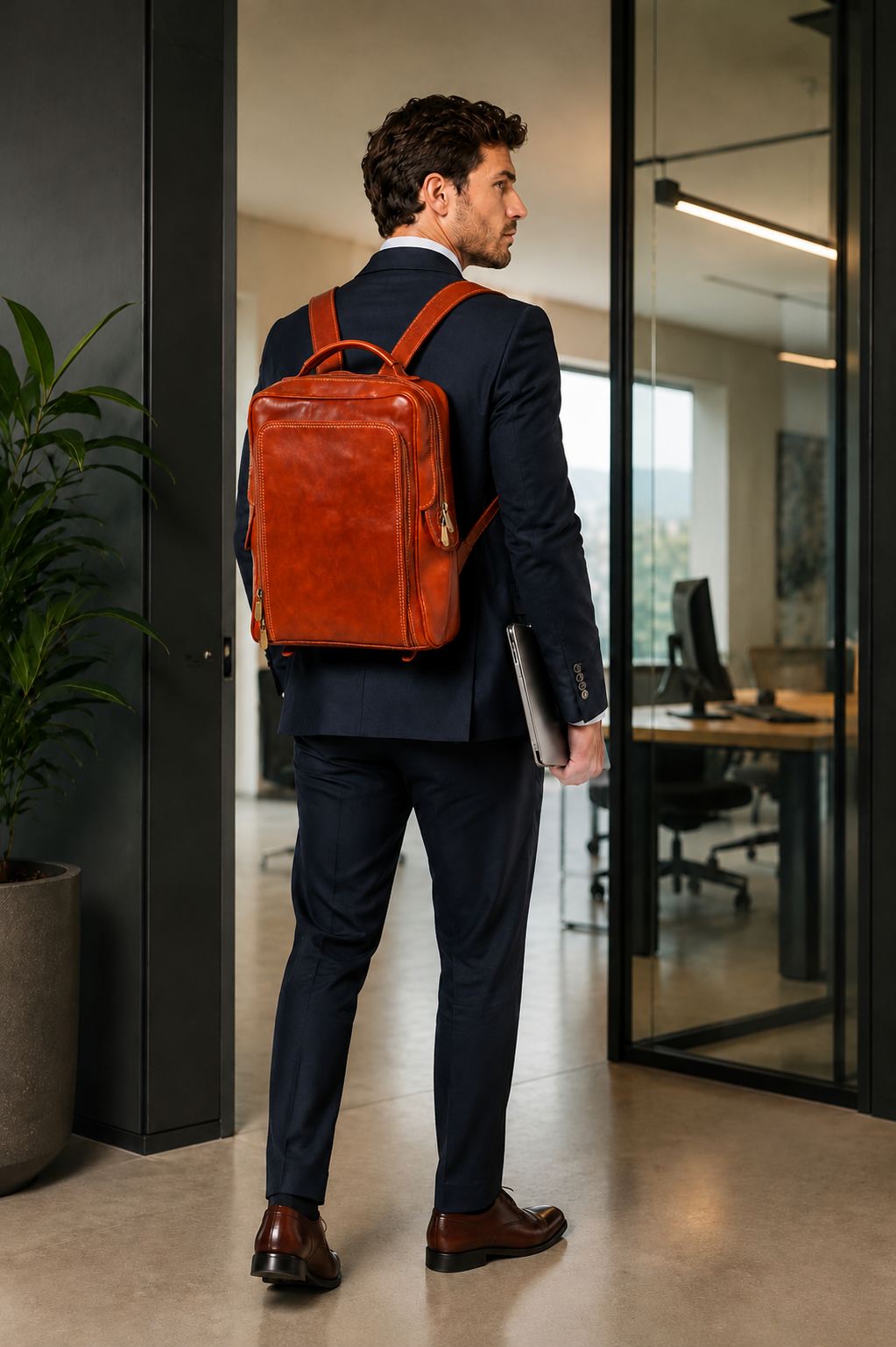 ORIONE — Zaino unisex in vero cuoio cognac con porta PC | Made in Italy